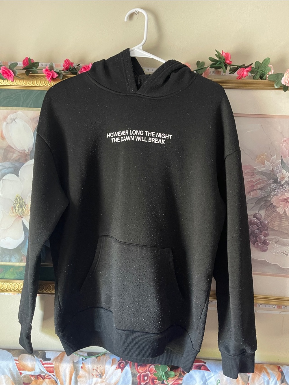 Black Hoodie with White Graphic Hands and Text
